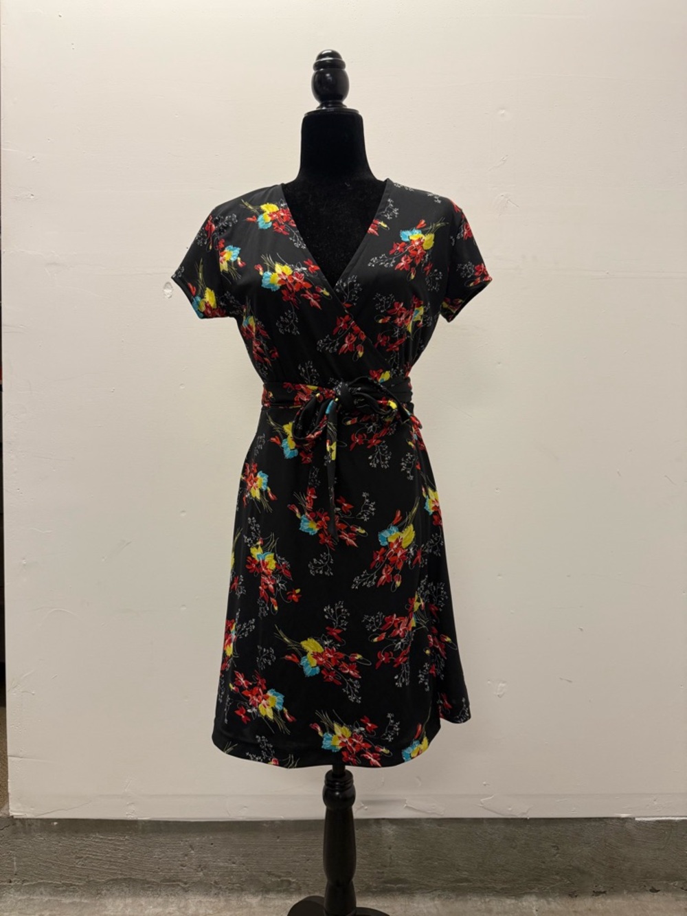 Esprit Black Floral Wrap Midi Dress with Red, Yellow & Blue Flowers